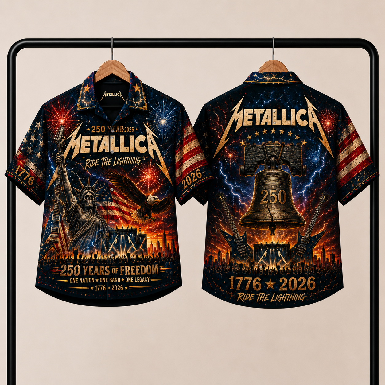 Metallica Hawaiian Shirt - Unisex Vintage 250 Years Of Freedom Liberty Bell Button Up