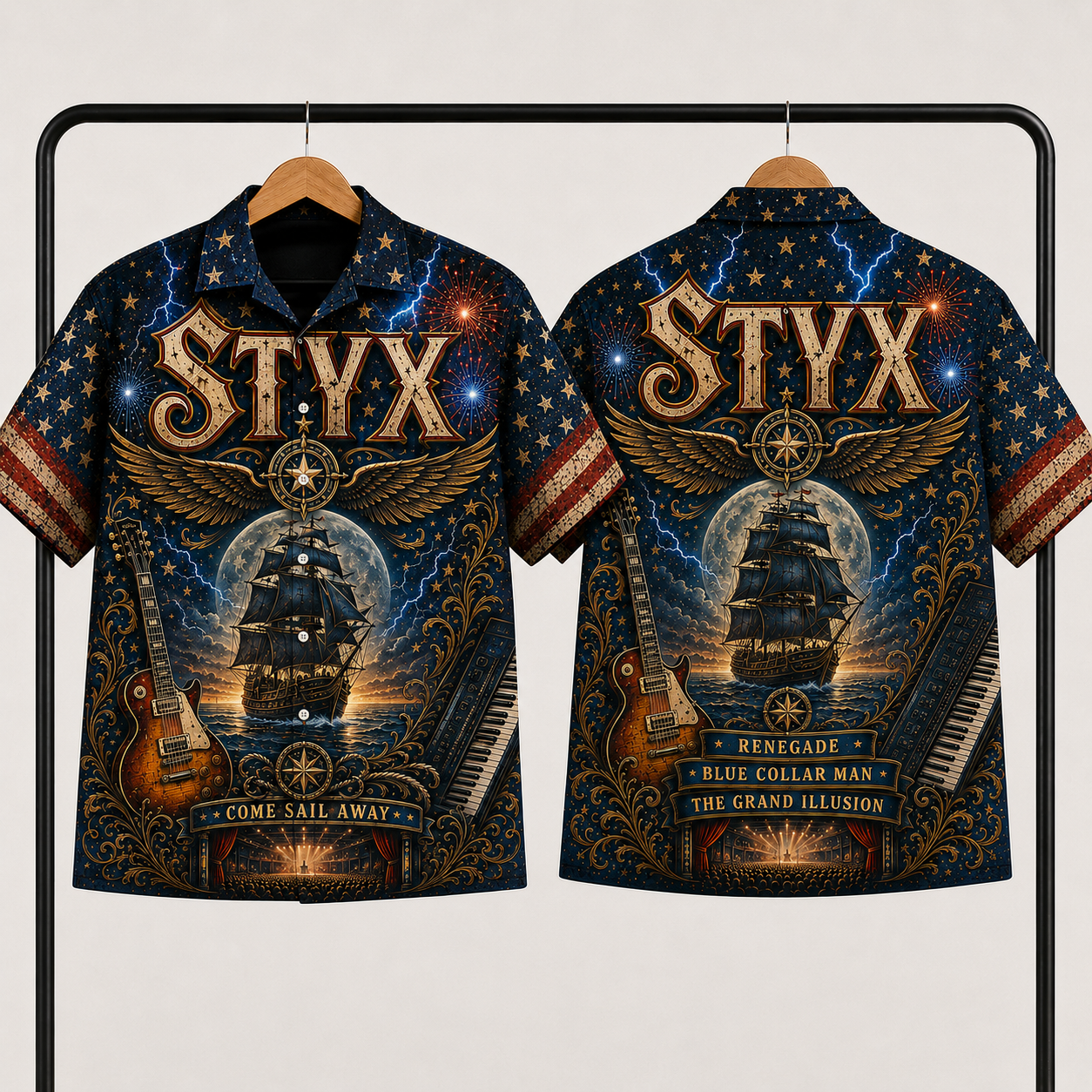 Styx Band Hawaiian Shirt - Unisex Vintage Sailing Ship Come Sail Away Button Up