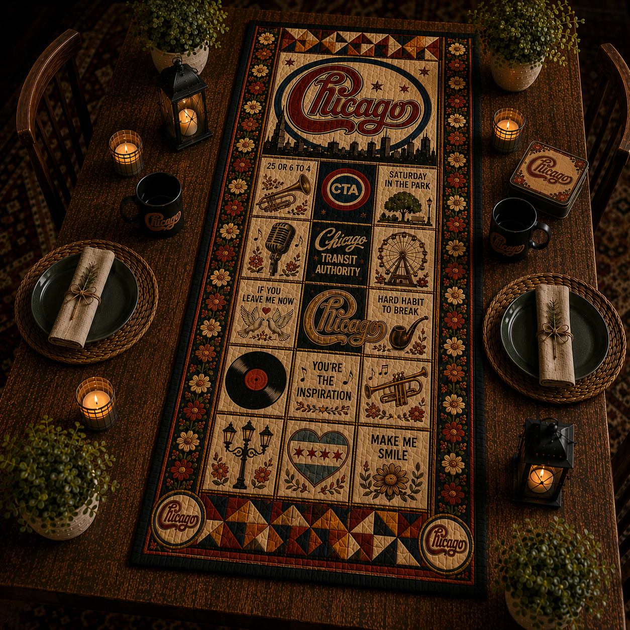 Chicago Band Halloween Table Runner – Quilted Classic Rock Fall Table Decor for Chicago Music Fans