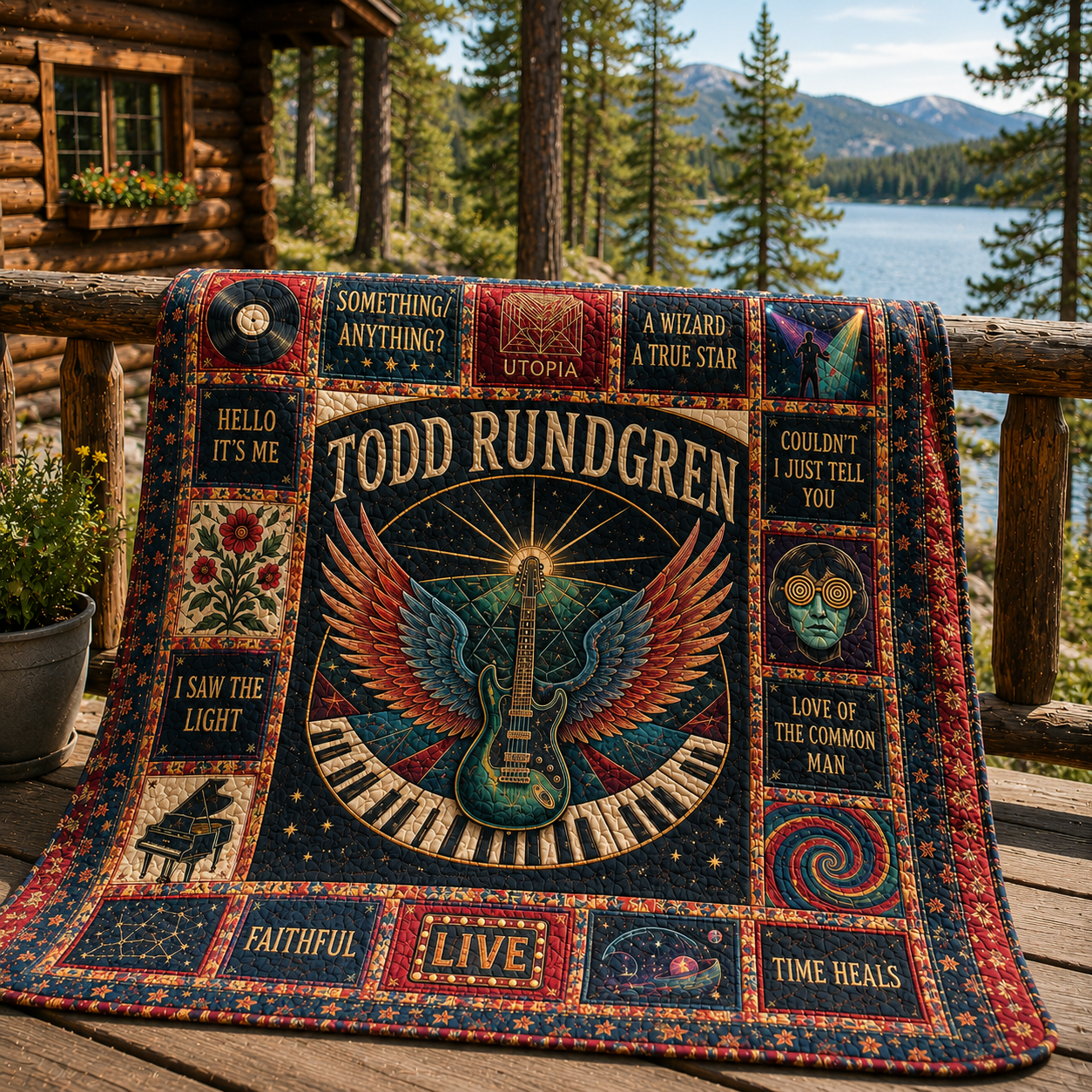 Todd Rundgren Quilt Blanket – Vintage Sherpa Throw, Progressive Rock Patchwork Blanket, Music Lover Gift, Cozy Bed Quilt