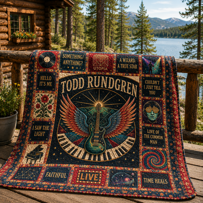 Todd Rundgren Quilt Blanket – Vintage Sherpa Throw, Progressive Rock Patchwork Blanket, Music Lover Gift, Cozy Bed Quilt