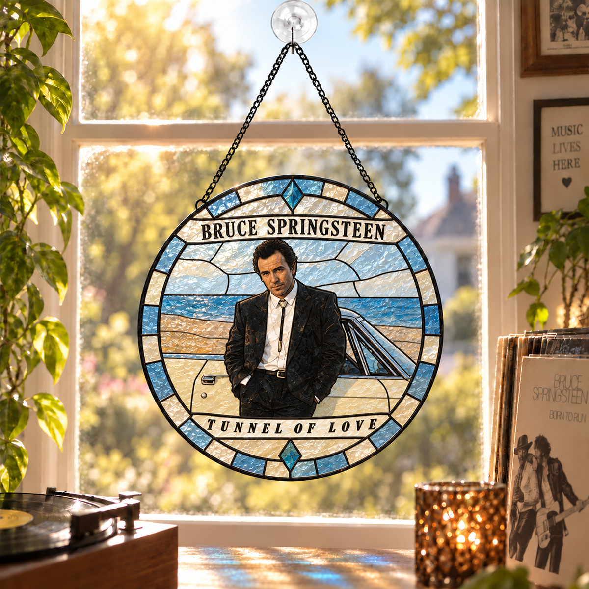 Bruce Springsteen Iconic Album Cover Stained Glass Sun Catcher – The Boss Rock Music Window Hanging Gift
