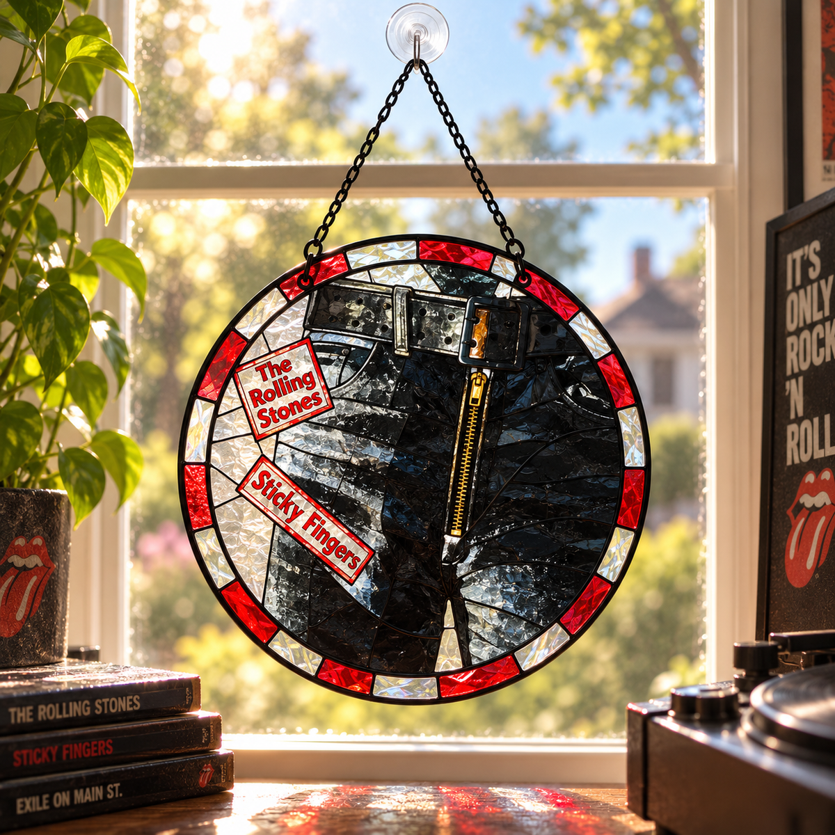 The Rolling Stones Iconic Album Stained Glass Sun Catcher – Retro Rock Music Window Hanging Gift for Fans