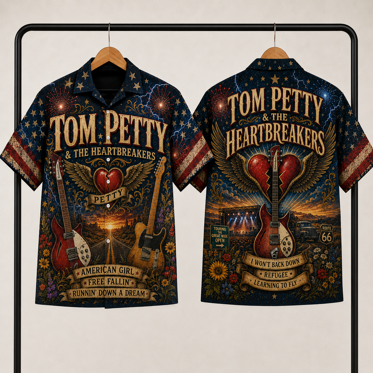 Tom Petty Hawaiian Shirt - Unisex Winged Heart Rickenbacker Guitar Button Up