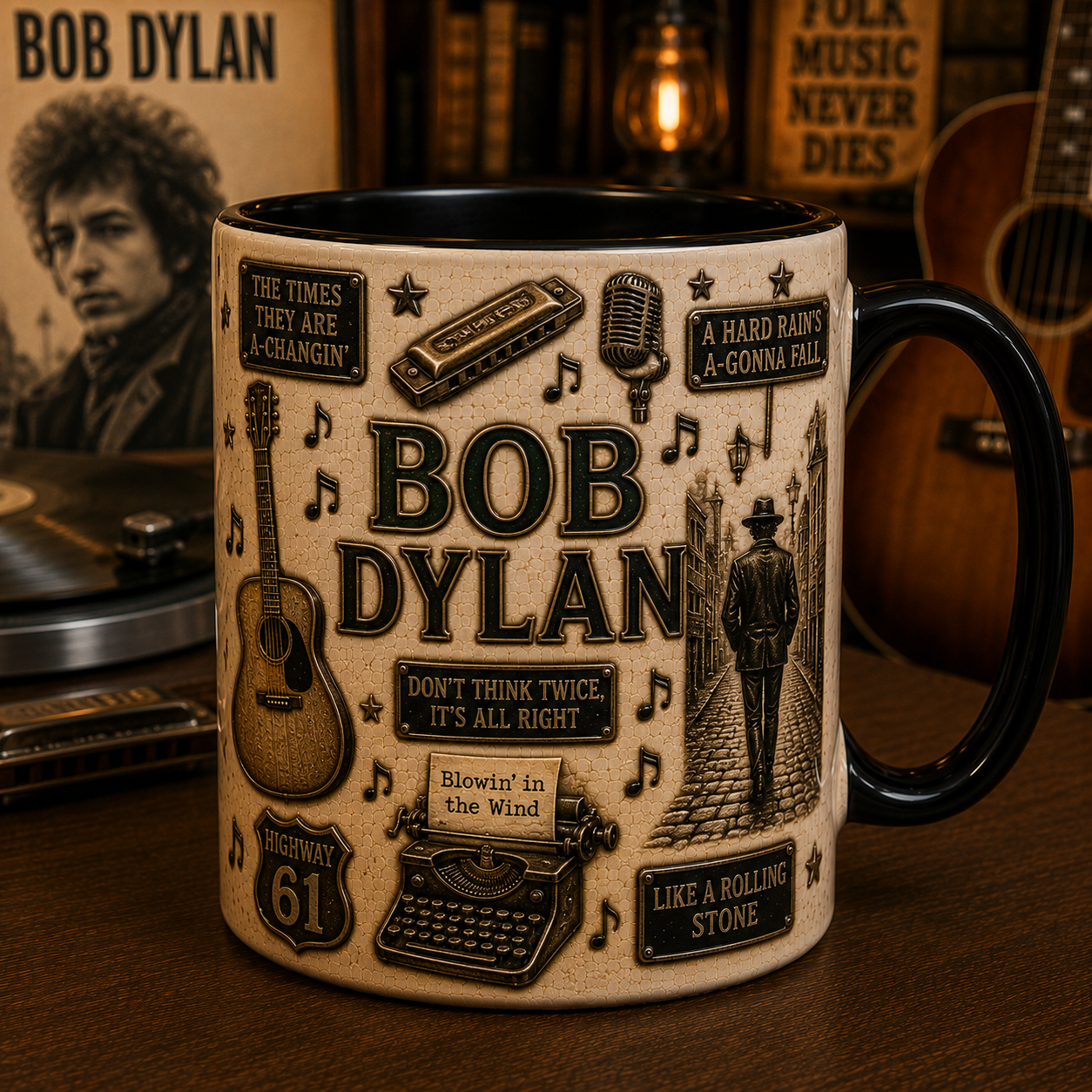 Bob Dylan Mug – Blowin’ in the Wind & The Times They Are A-Changin’ Coffee Cup, Folk Music Gift