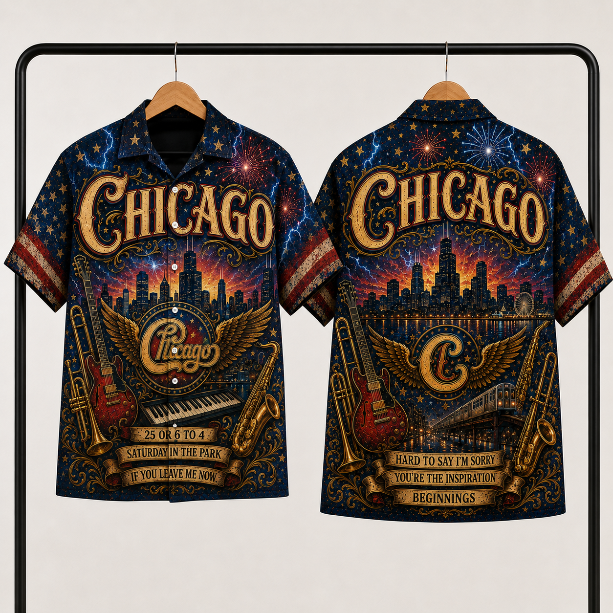 Chicago Band Hawaiian Shirt - Unisex Vintage Winged Logo City Skyline Button Up