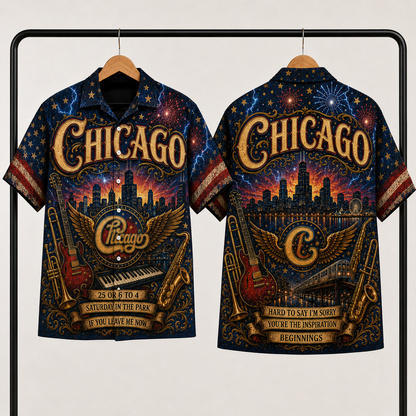 Chicago Band Hawaiian Shirt - Unisex Vintage Winged Logo City Skyline Button Up
