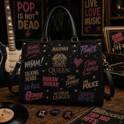 80s Pop Icons Faux Leather Handbag – Vintage Retro Music Shoulder Tote Bag for 80s Music Lovers