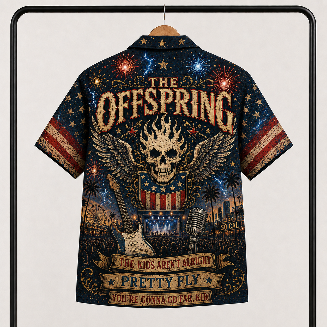 The Offspring Hawaiian Shirt - Unisex Vintage Fiery Winged Skull Americana Button Up
