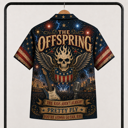 The Offspring Hawaiian Shirt - Unisex Vintage Fiery Winged Skull Americana Button Up