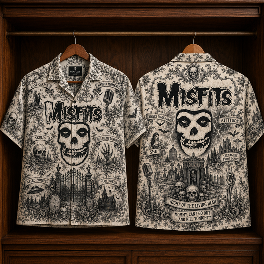 Misfits Hawaiian Shirt - Unisex Vintage Toile De Jouy Fiend Skull Button Up