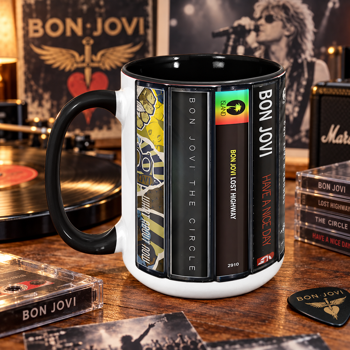 Bon Jovi Mug, Retro Cassette Tape Coffee Cup, Classic Rock Album Collection Mug, 80s Rock Fan Gift
