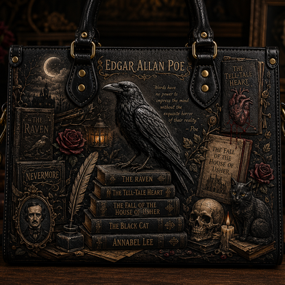 Edgar Allan Poe Gothic Raven Leather Handbag, Tote Bag and Wallet Set, Literary Horror Book Lover