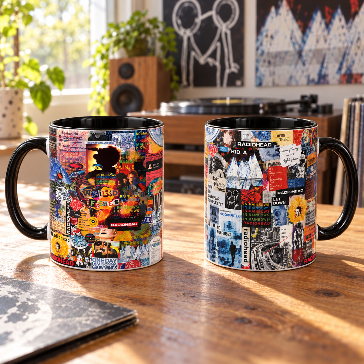 Radiohead Collage Mug, In Rainbows OK Computer Kid A Art Coffee Cup, Alternative Rock Album Inspired Gift