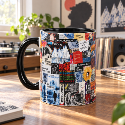 Radiohead Collage Mug, In Rainbows OK Computer Kid A Art Coffee Cup, Alternative Rock Album Inspired Gift