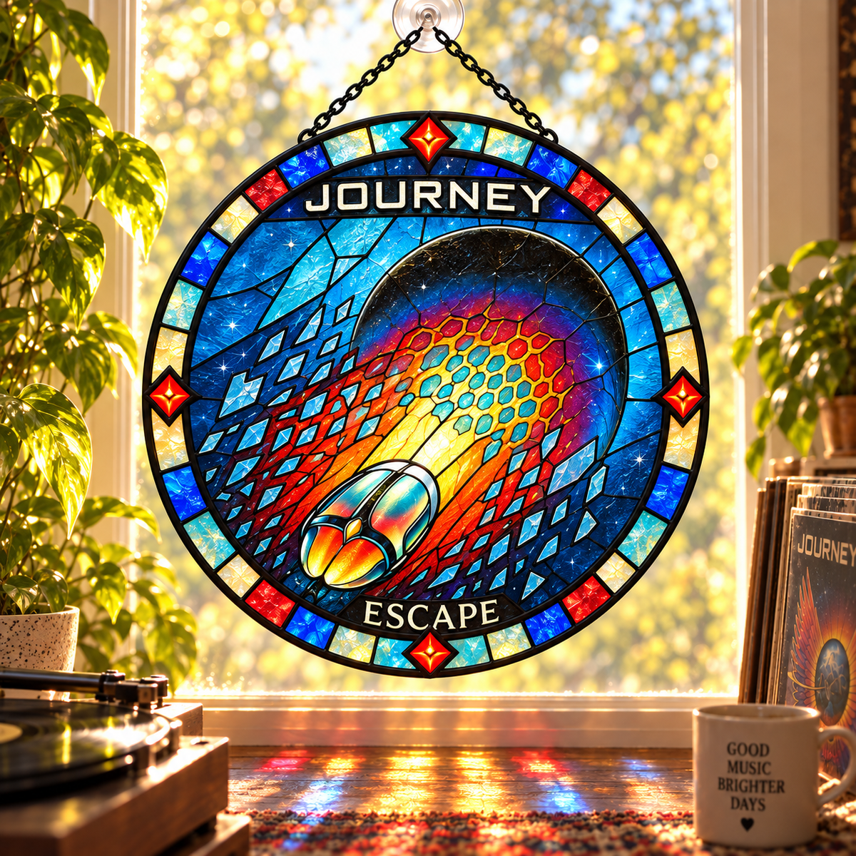 Journey Suncatcher, 9 Album Stained Glass Window Hanging, Infinity Escape Frontiers Classic Rock Music Gift