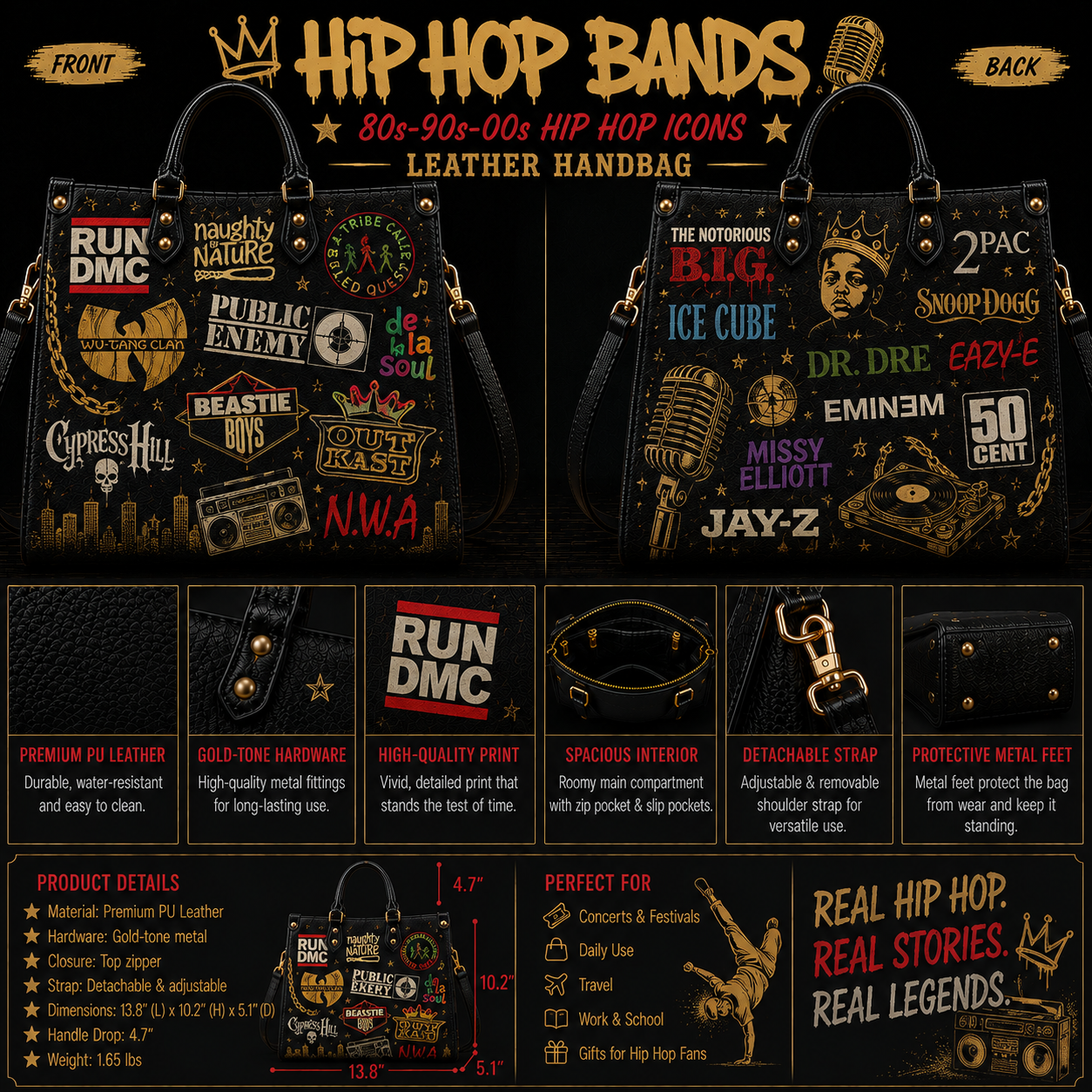 Hip Hop Legends Faux Leather Handbag – Vintage 90s Rap Lover Shoulder Tote Bag