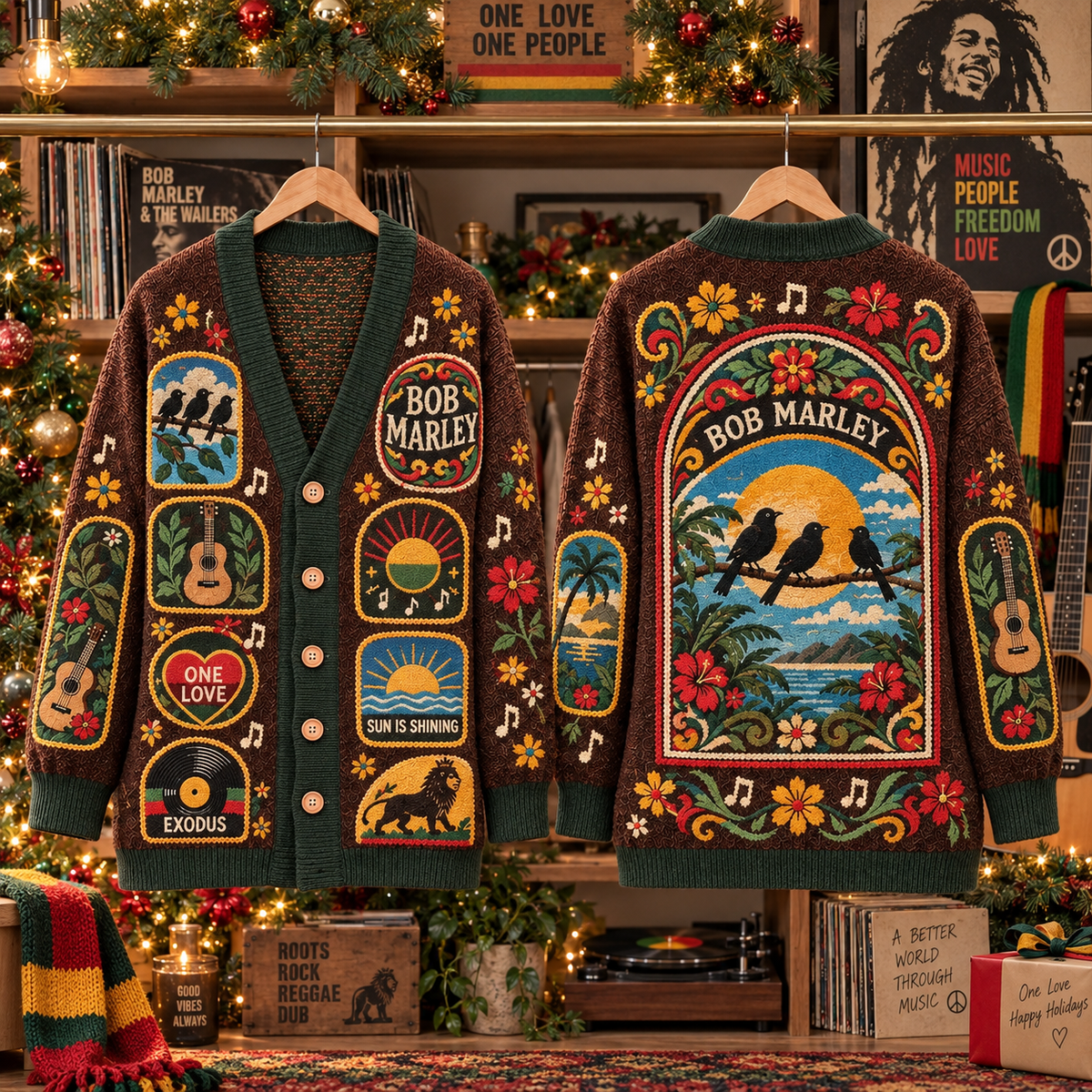 Bob Marley Patchwork Cardigan, One Love Reggae Folk Art Knit Sweater, Vintage Rasta Music Cardigan Gift
