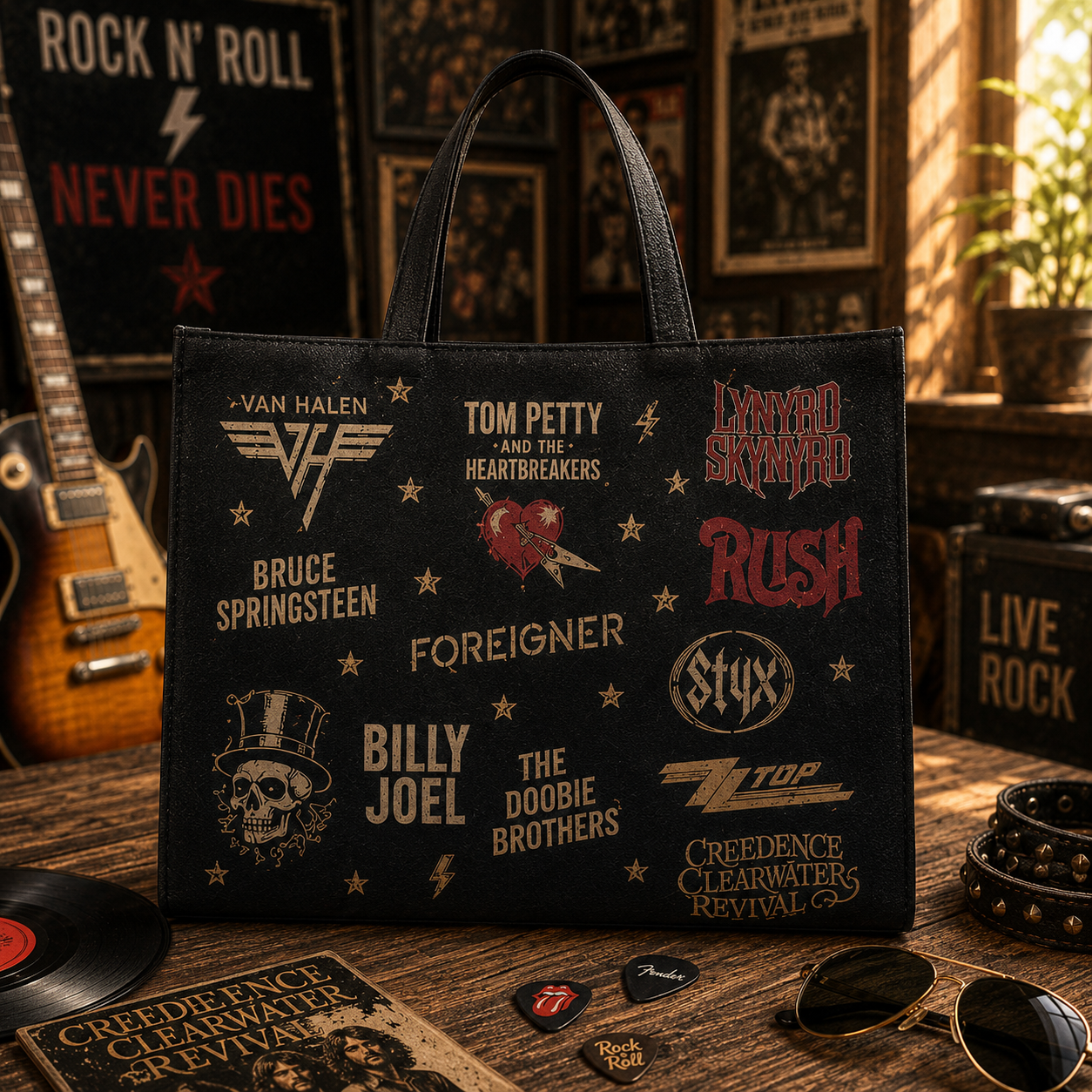 Classic Rock Legends Faux Leather Handbag – Vintage Rock Band Shoulder Tote Bag for Music Lovers