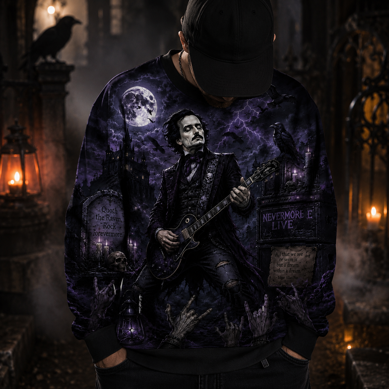 Edgar Allan Poe Nevermore Raven Gothic Halloween Sweatshirt – All Over Print Horror Rock Crewneck For Gothic Literature Fans