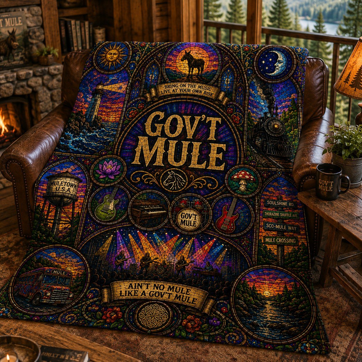 Gov't Mule Sherpa Blanket – Soulshine Road Stained Glass Blues Rock Throw Blanket