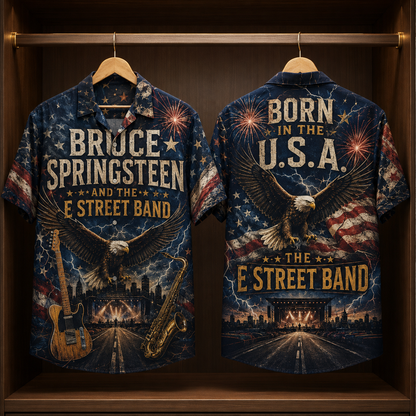 Bruce Springsteen Hawaiian Shirt - Unisex Born In The USA American Eagle Button Up