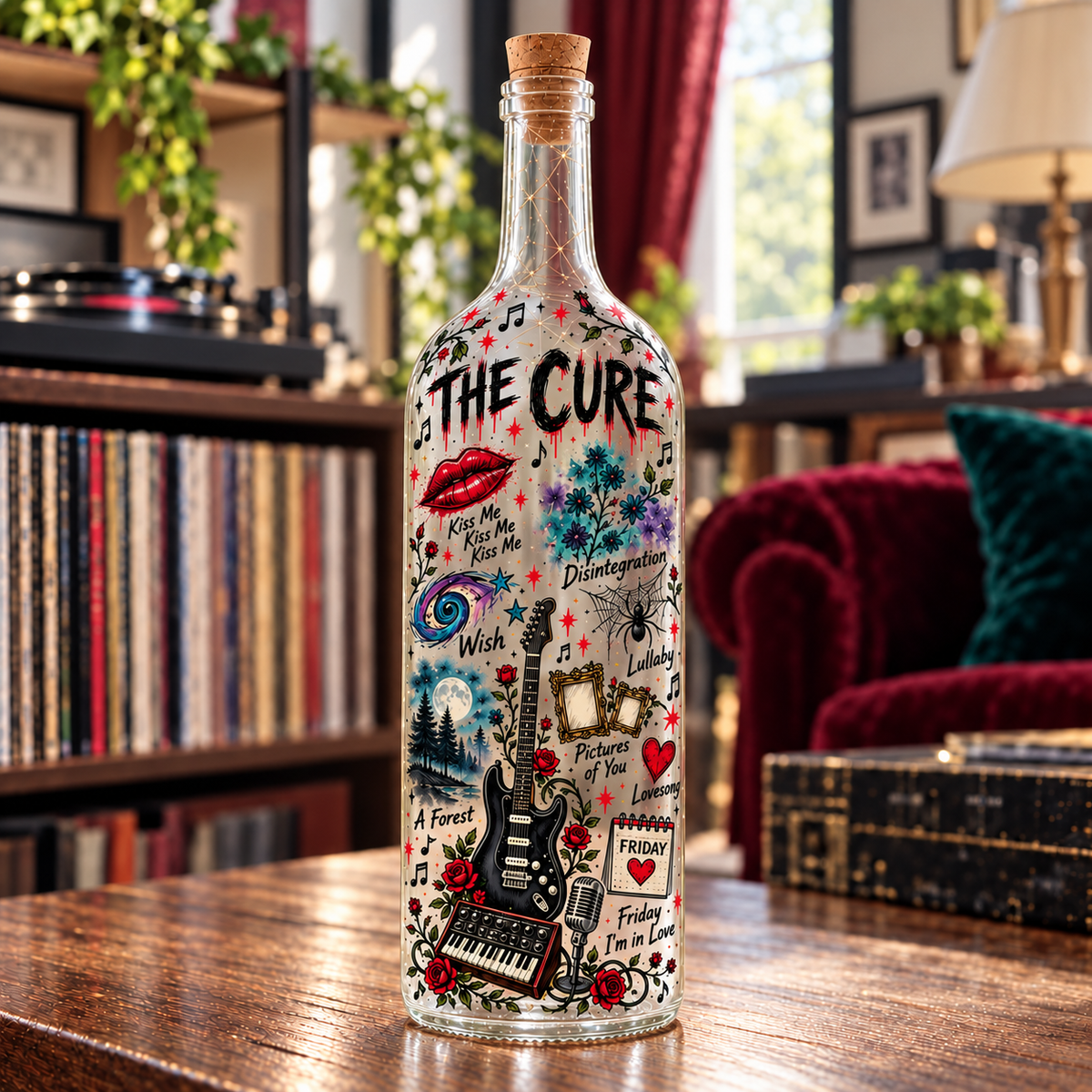 The Cure Lighted Bottle Lamp, Disintegration & Wish Music Decor, Gothic Rock Fan Gift, Alternative Rock LED Bottle Light, Music Room Decor