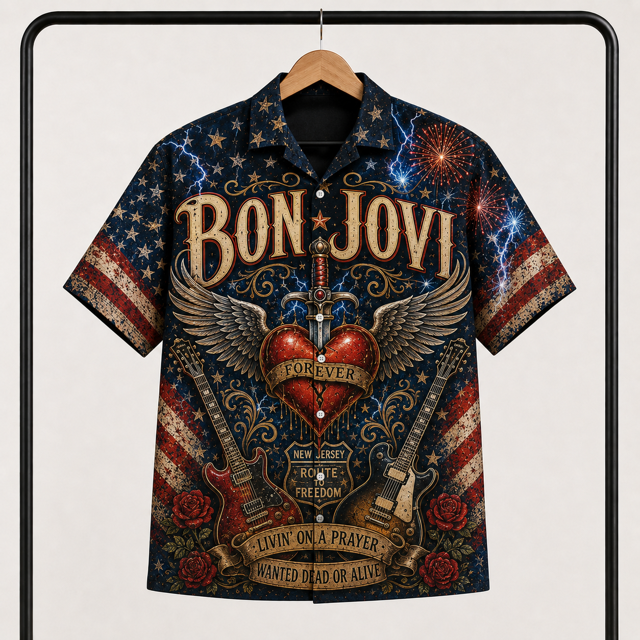 Bon Jovi Hawaiian Shirt - Unisex Vintage Winged Heart Dagger New Jersey Button Up
