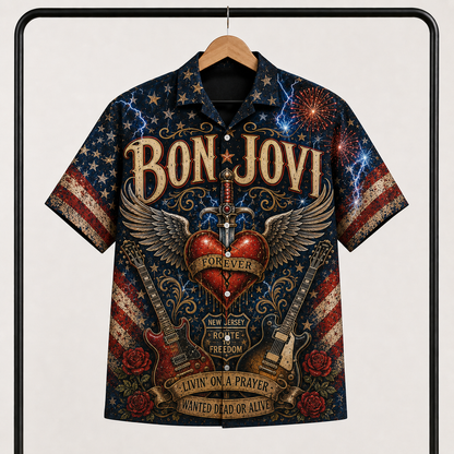 Bon Jovi Hawaiian Shirt - Unisex Vintage Winged Heart Dagger New Jersey Button Up