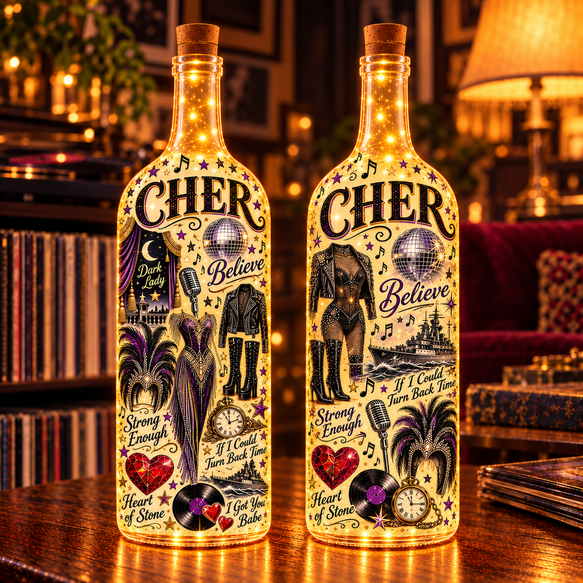Cher Lighted Bottle Lamp, Believe Music Decor, Pop Icon LED Bottle Light, Cher Fan Gift, Retro Music Room Decor
