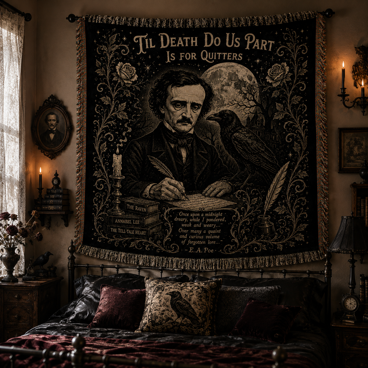Edgar Allan Poe Woven Blanket, Gothic Raven Throw Blanket, Literary Horror Tapestry Blanket, Dark Academia Home Decor Gift