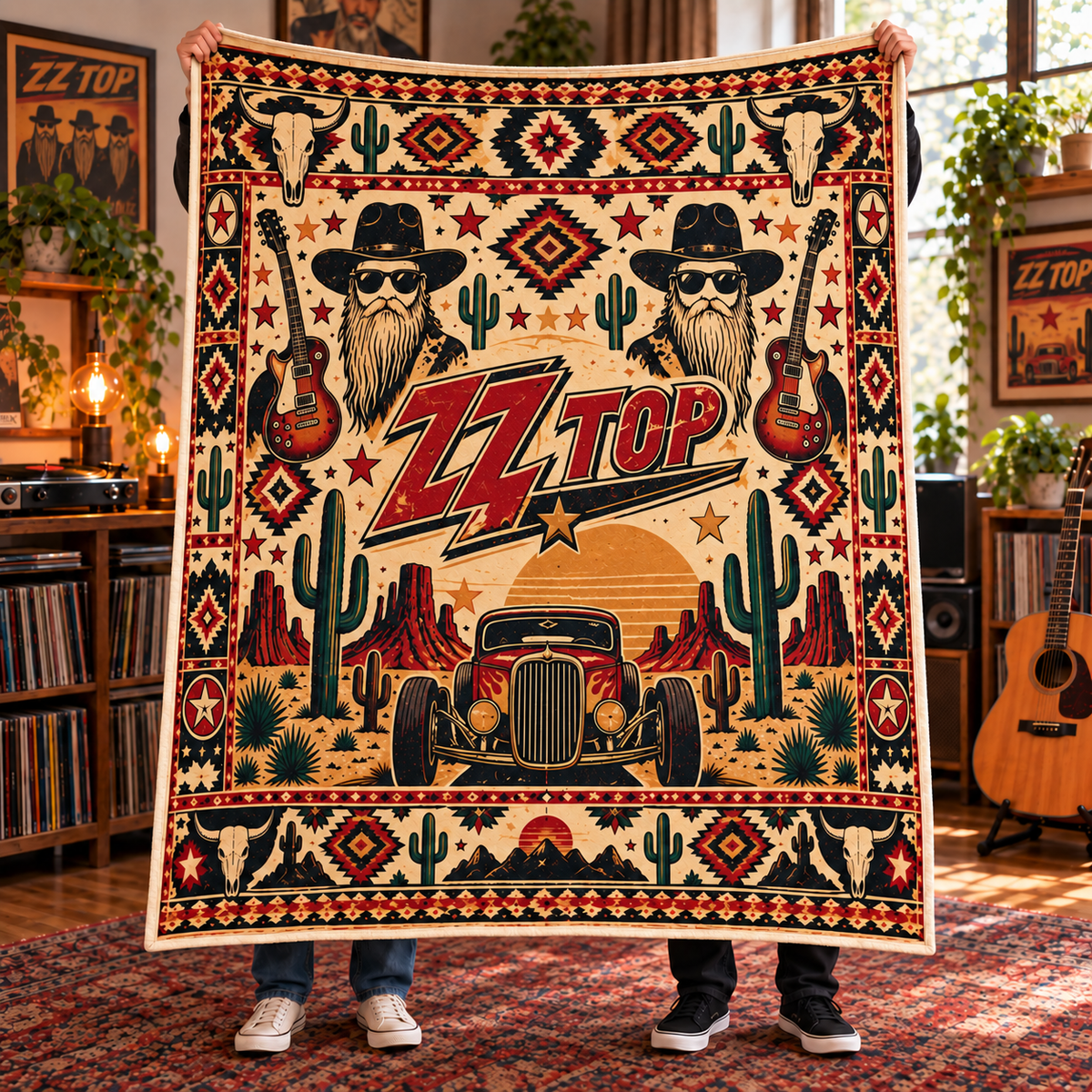 ZZ Top Sherpa Blanket – Texas Blues Rock Fleece Throw, Hot Rod & Desert Music Decor, Unique Gift for ZZ Top Fans