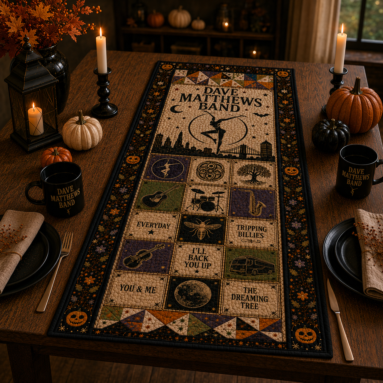 Dave Matthews Band Halloween Table Runner – Quilted Fall Music Table Decor for DMB Fans