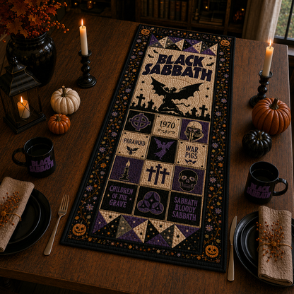 Black Sabbath Halloween Table Runner – Quilted Heavy Metal Table Decor for Fall & Halloween
