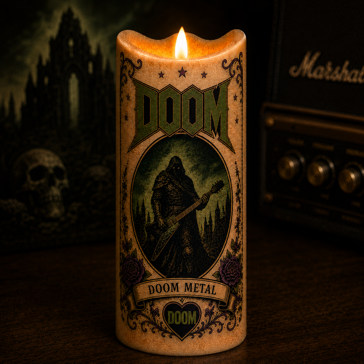 DOOM Flameless LED Candle, Doom Metal Music Candle, Gothic Rock Fan Gift, Battery Operated LED Home Decor
