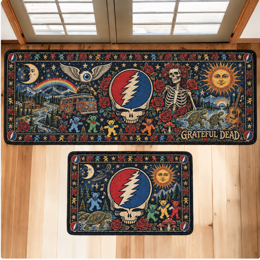 Grateful Dead Psychedelic Runner Rug Set, Steal Your Face Dancing Bears Floor Mat, Deadhead Music Room Decor, Vintage Rock Fan Gift