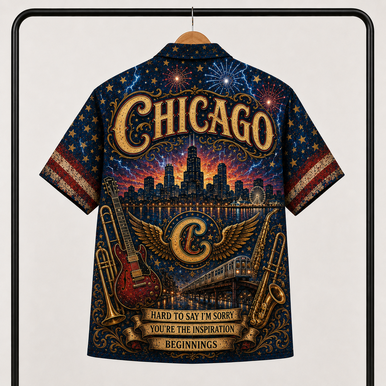 Chicago Band Hawaiian Shirt - Unisex Vintage Winged Logo City Skyline Button Up