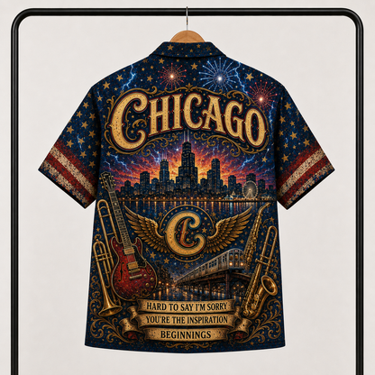Chicago Band Hawaiian Shirt - Unisex Vintage Winged Logo City Skyline Button Up