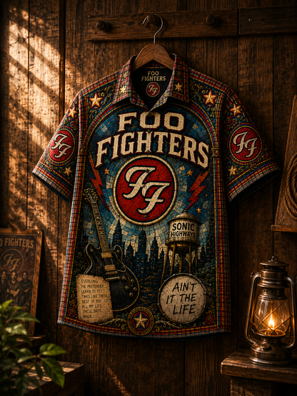 Foo Fighters Stained Glass Hawaiian Shirt - Unisex Winged FF Logo Button Up