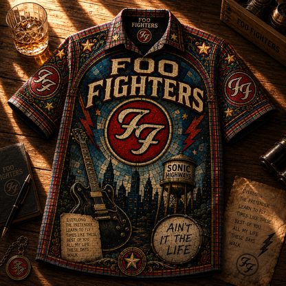 Foo Fighters Stained Glass Hawaiian Shirt - Unisex Winged FF Logo Button Up