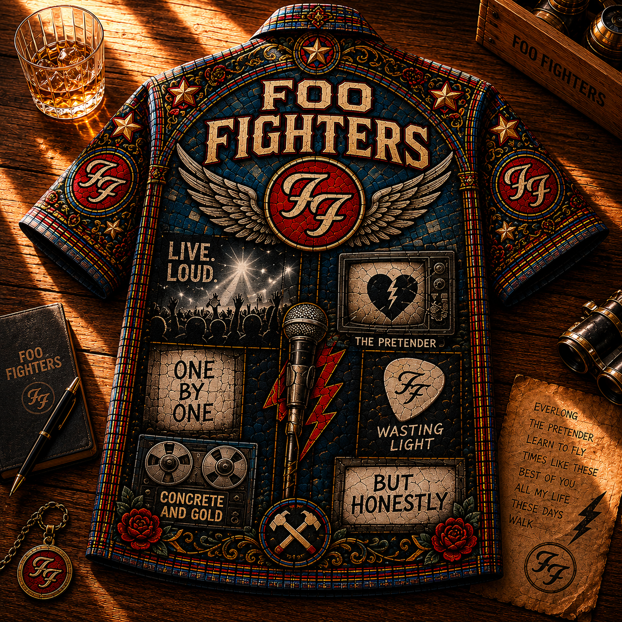 Foo Fighters Stained Glass Hawaiian Shirt - Unisex Winged FF Logo Button Up