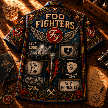 Foo Fighters Stained Glass Hawaiian Shirt - Unisex Winged FF Logo Button Up