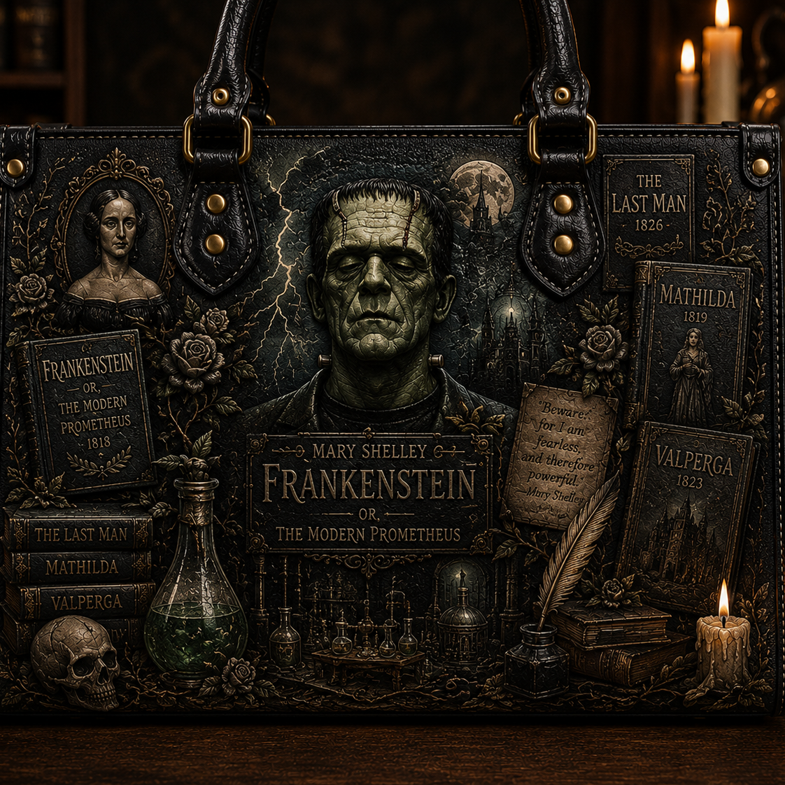 Mary Shelley Frankenstein Leather Handbag, Tote Bag and Wallet Set, The Modern Prometheus Literary Horror Book Lover Handbag