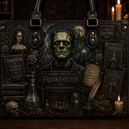 Mary Shelley Frankenstein Leather Handbag, Tote Bag and Wallet Set, The Modern Prometheus Literary Horror Book Lover Handbag