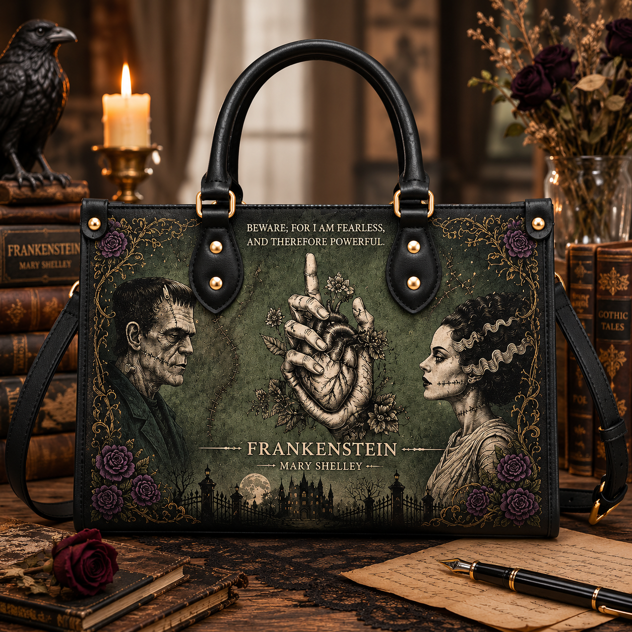 Frankenstein Gothic Leather Handbag, Tote Bag and Wallet Set, The Modern Prometheus Literary Horror Book Lover Handbag (Copy)