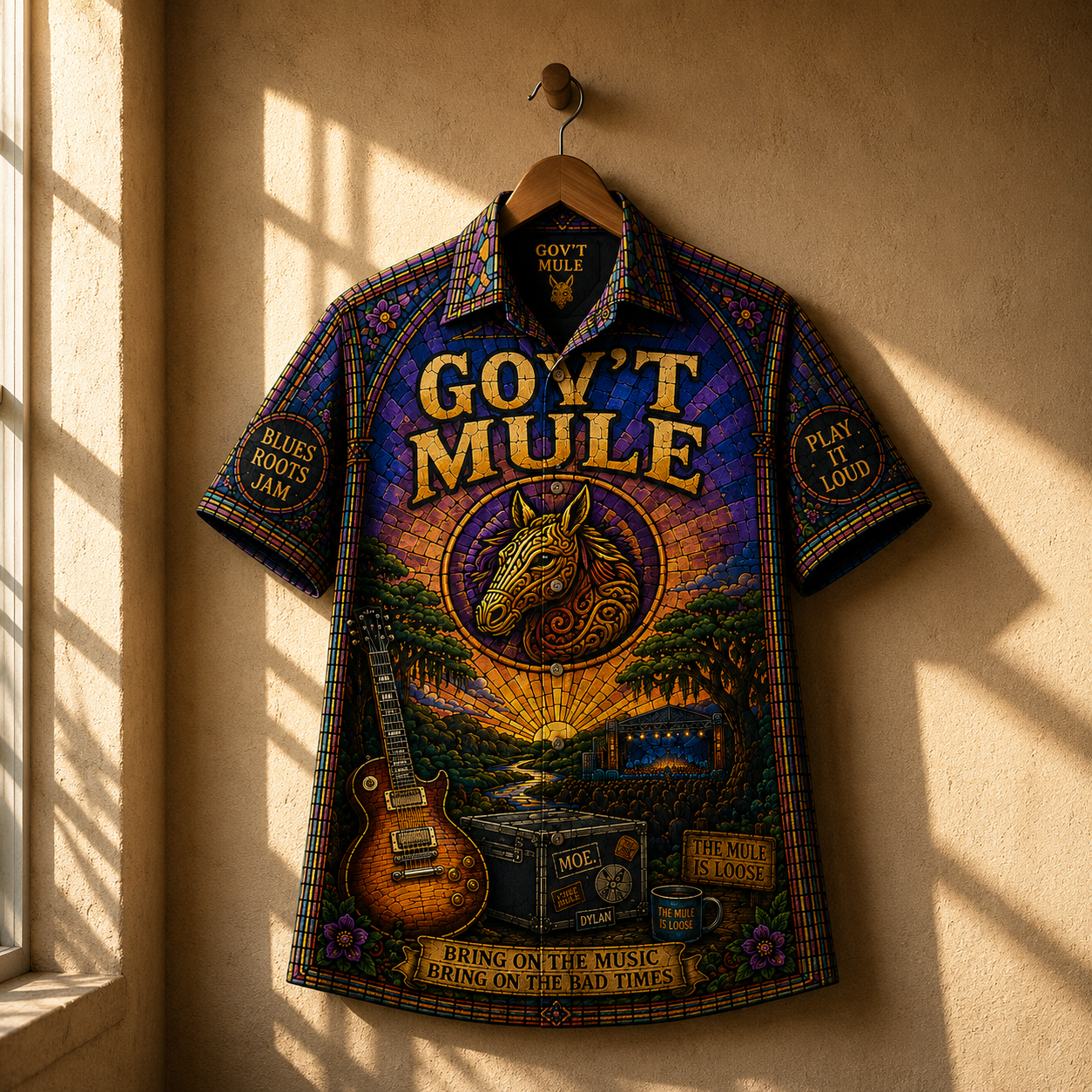 Gov't Mule Hawaiian Shirt - Unisex Stained Glass Soulshine Mule Mascot Button Up