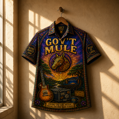 Gov't Mule Hawaiian Shirt - Unisex Stained Glass Soulshine Mule Mascot Button Up