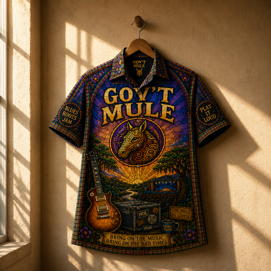 Gov't Mule Hawaiian Shirt - Unisex Stained Glass Soulshine Mule Mascot Button Up