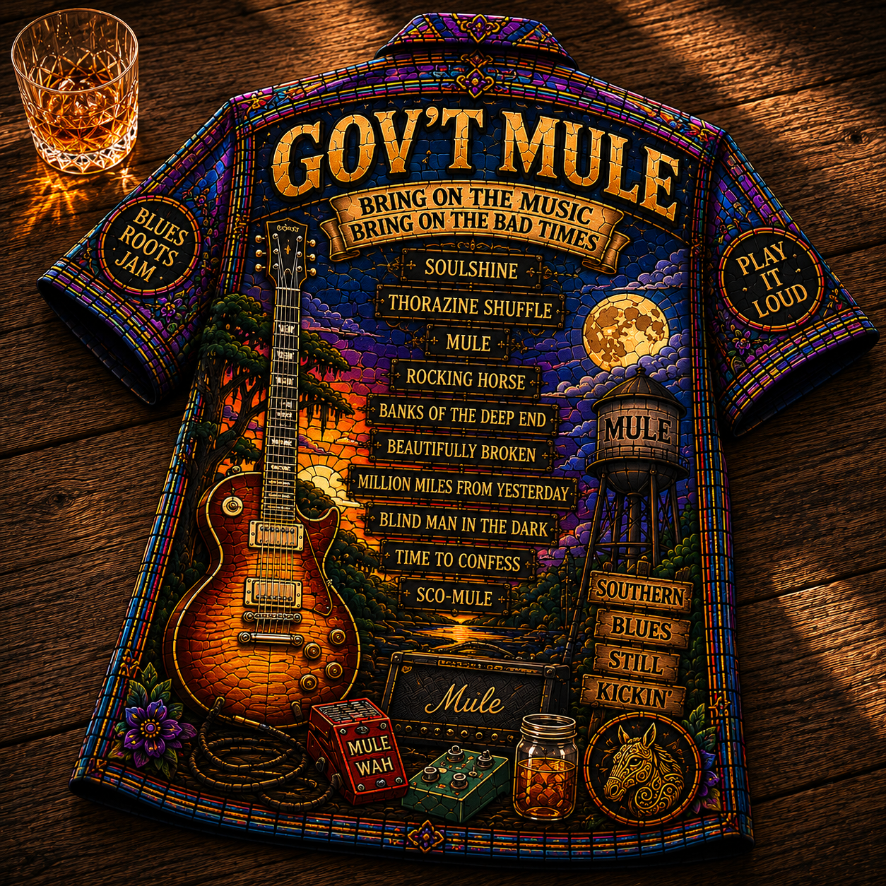 Gov't Mule Hawaiian Shirt - Unisex Stained Glass Soulshine Mule Mascot Button Up