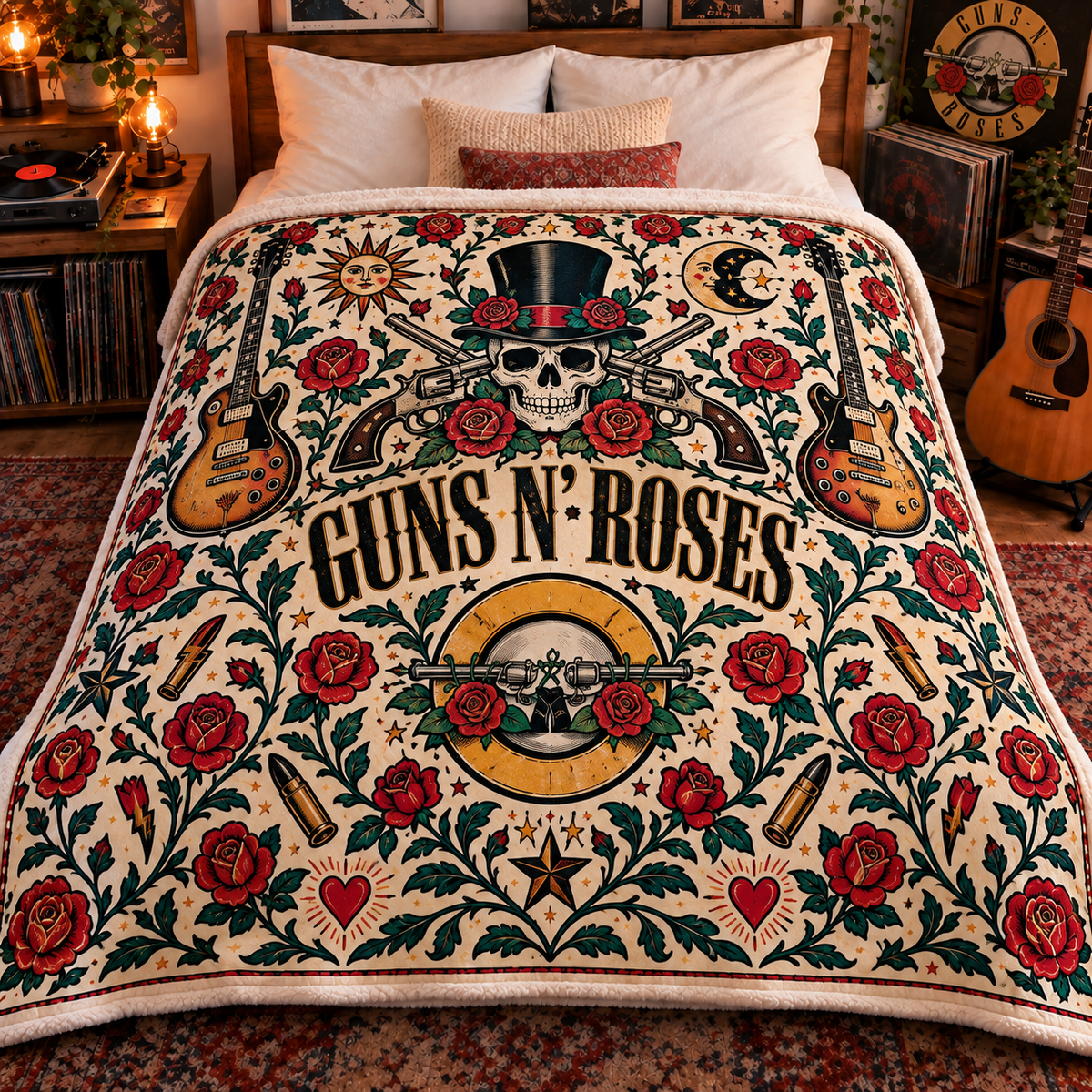 Guns N’ Roses Sherpa Blanket – Vintage Rock Band Skull & Roses Fleece Throw, Classic Rock Music Gift for GNR Fans